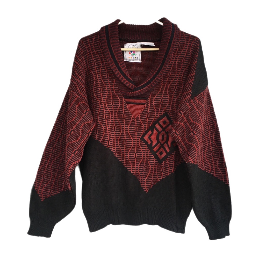 Hoopla Mens Vtg Pullover Sweater Sz L Shawl Collar Burgundy Black Geometric 80’s